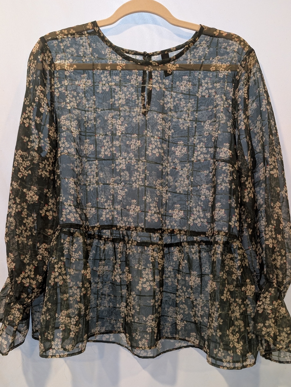 Sheer Green Floral Peplum Blouse with Ruffle Cuffs